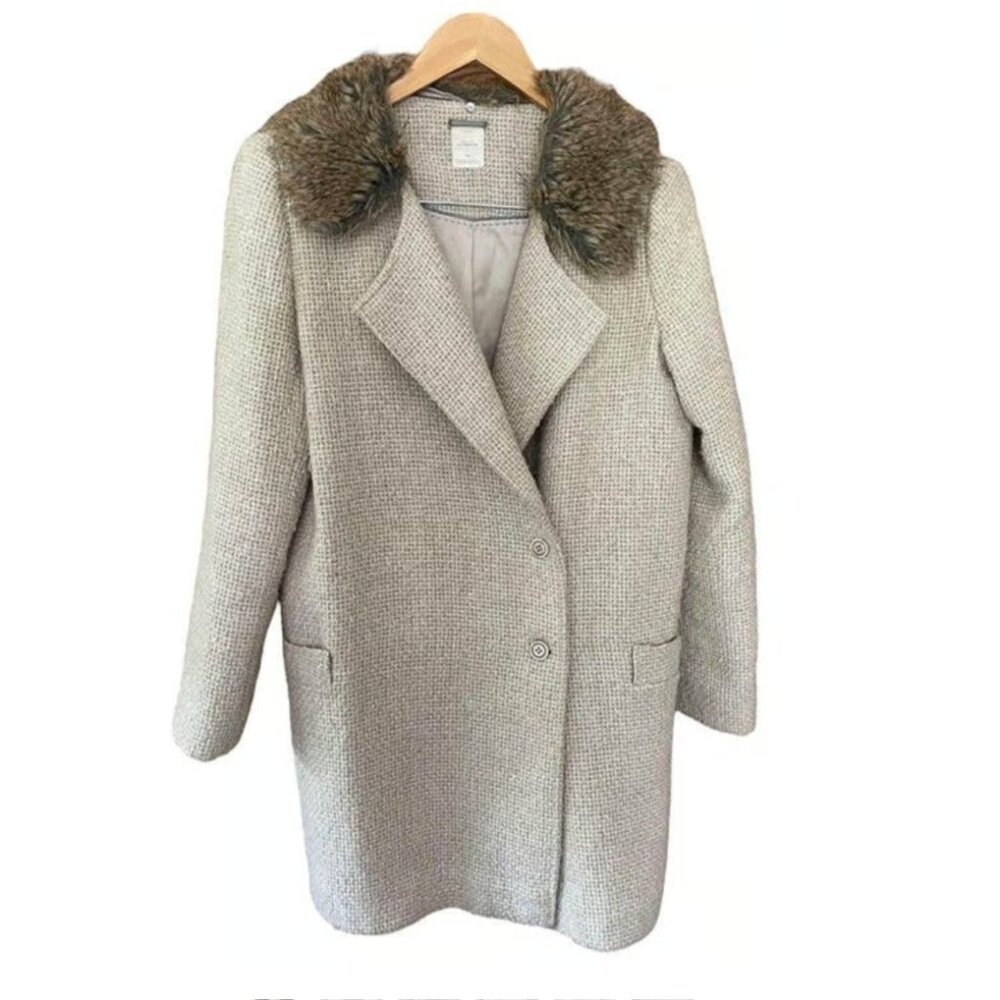 Yargici Panel Tweed Tailored Pea Coat Wool Blend Faux Fur Collar size L